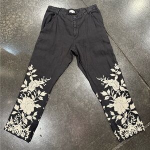 Johnny Was Pete & Greta Black Linen Embroidered Pant in Black/Cream